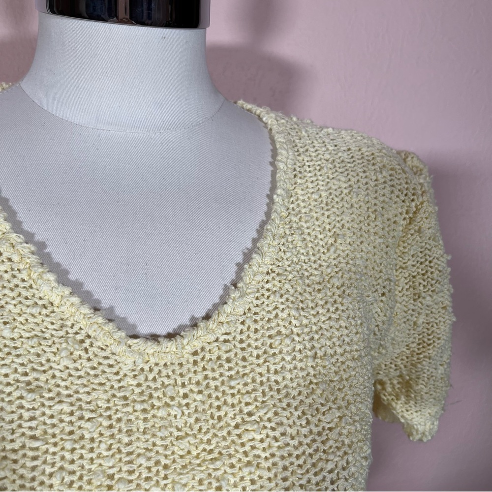 Vintage 70 80 Retro Pale Yellow Nubby Puff Sleeves Feminine Cropped Sweater - Picture 7 of 16